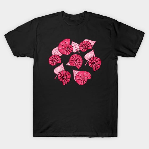 Pink Snails And Leaves Ink Drawn Pattern T-Shirt by Boriana Giormova